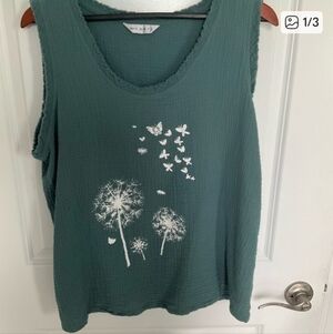 Teal Tank Top Dandelion Butterfly Design XL